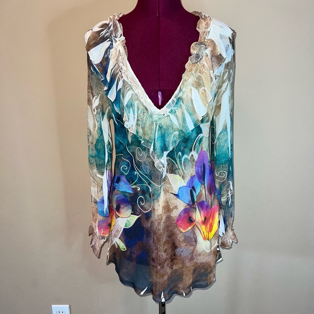 Mushka by Sienna Rose Floral Ruffle Chiffon Blouse Tunic Medium